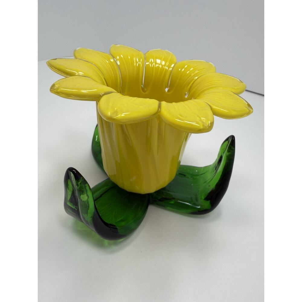 Hand Blown Art Glass Flower Candle Holder Yellow Green Vintage Art Deco - Picture 4 of 8